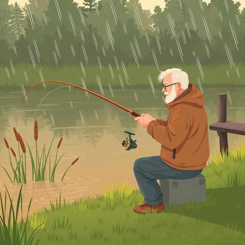 Beginner angler fishing muddy pond water from a safe grassy bank after rain
