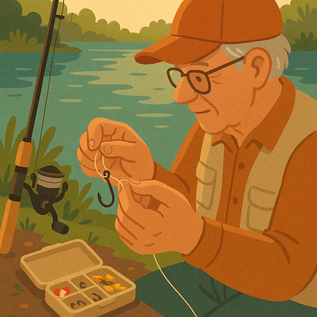 Older beginner angler practicing the Palomar knot beside a calm freshwater lake