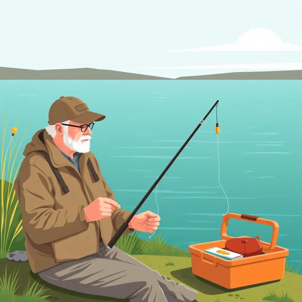 Beginner angler setting up a slip bobber rig beside a calm freshwater lake
