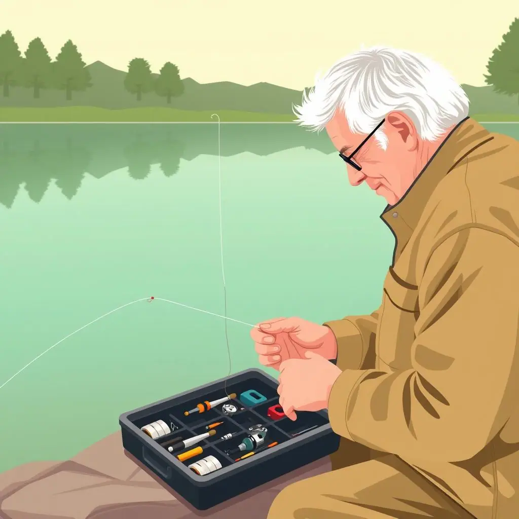 Beginner angler placing split shot weights on a fishing line beside a calm lake