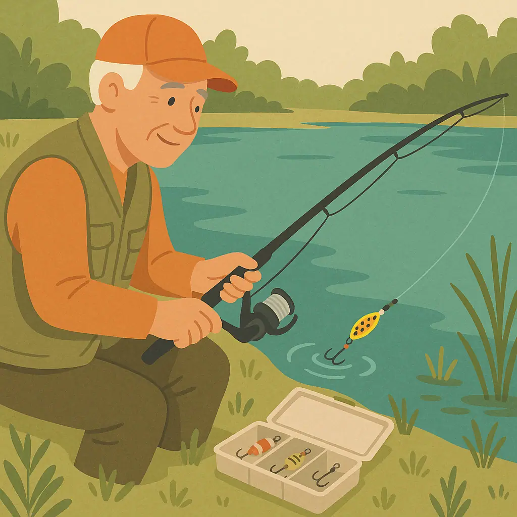 Beginner angler using a slow steady spinner retrieve beside a calm freshwater lake