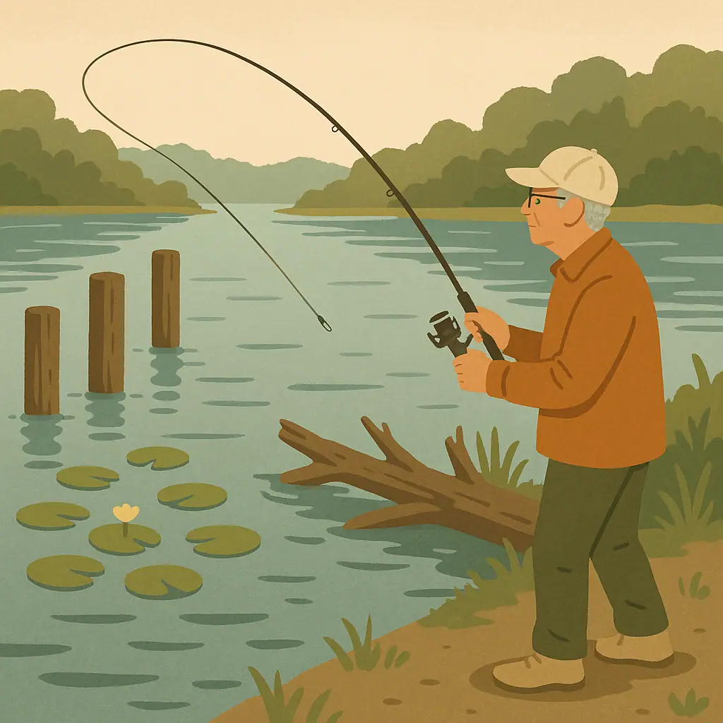 Beginner angler casting near weeds and dock cover where largemouth bass often hide