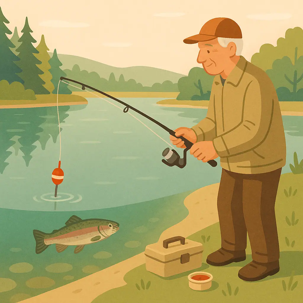 Beginner angler fishing for rainbow trout from a stocked lake shoreline with simple light tackle