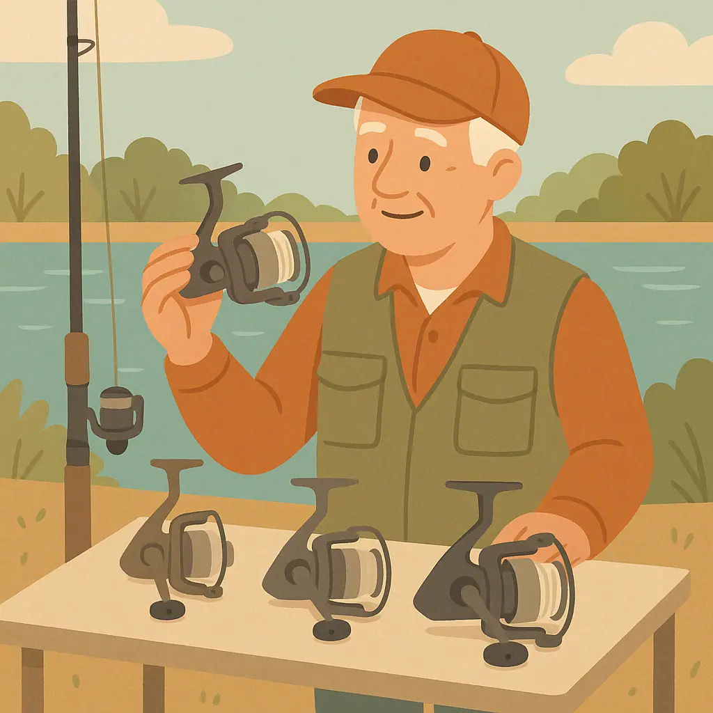 Beginner angler comparing small, medium, and larger spinning reels beside a calm freshwater lake