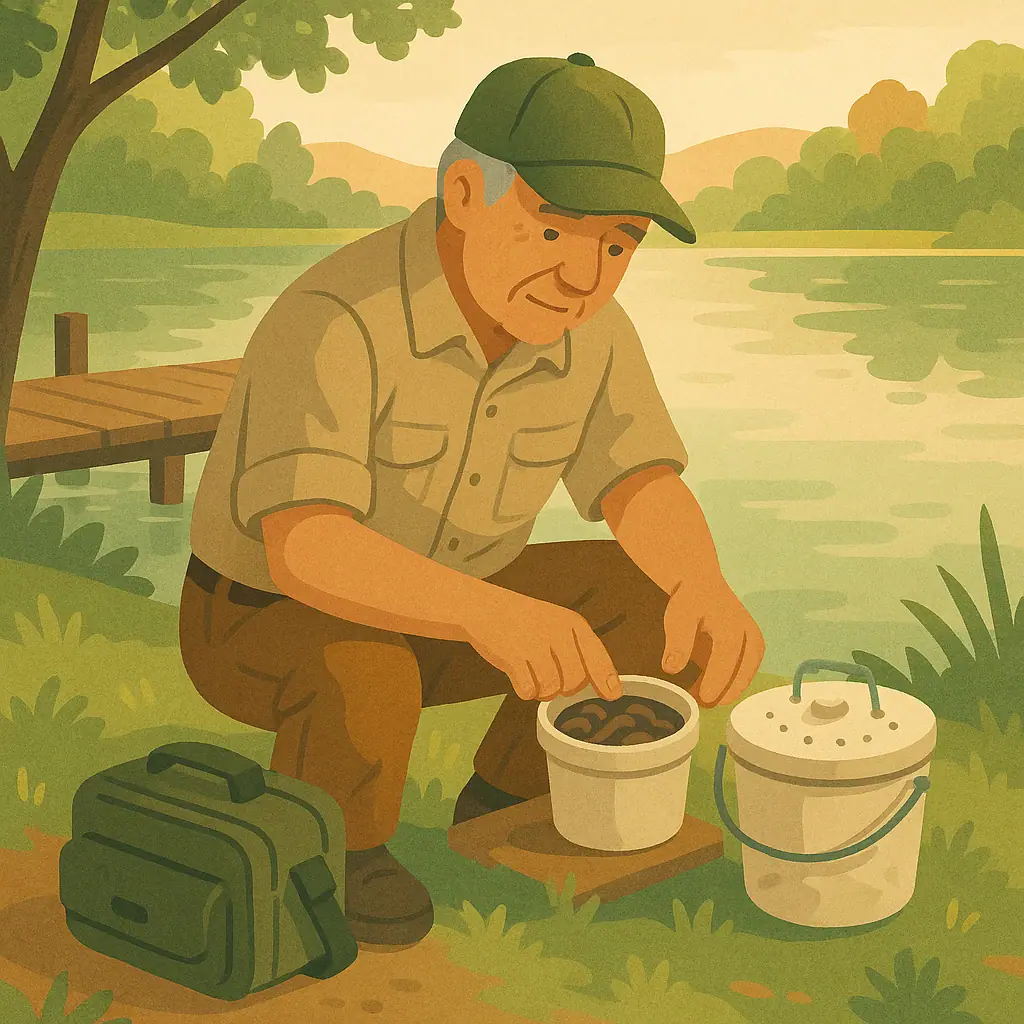 Older angler organizing worm and minnow bait containers beside a quiet freshwater lake