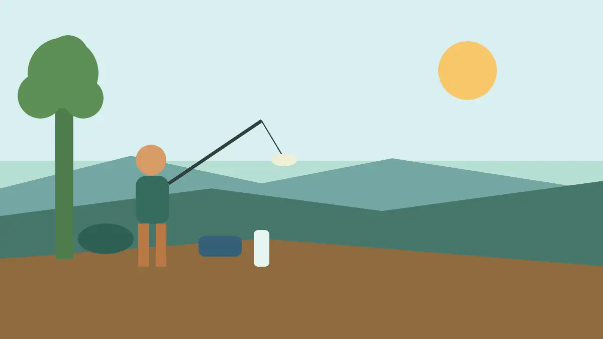 Older angler fishing from a shaded summer lake bank at sunrise