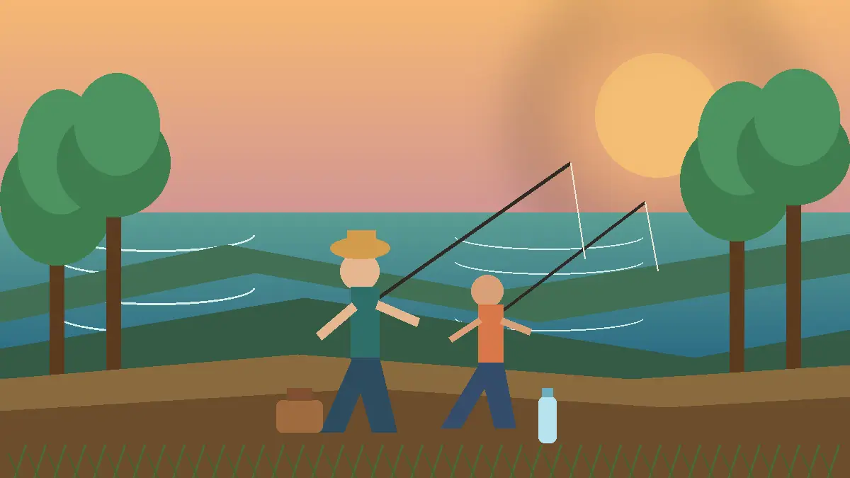 Older angler and grandchild fishing from a calm lake bank in summer evening light