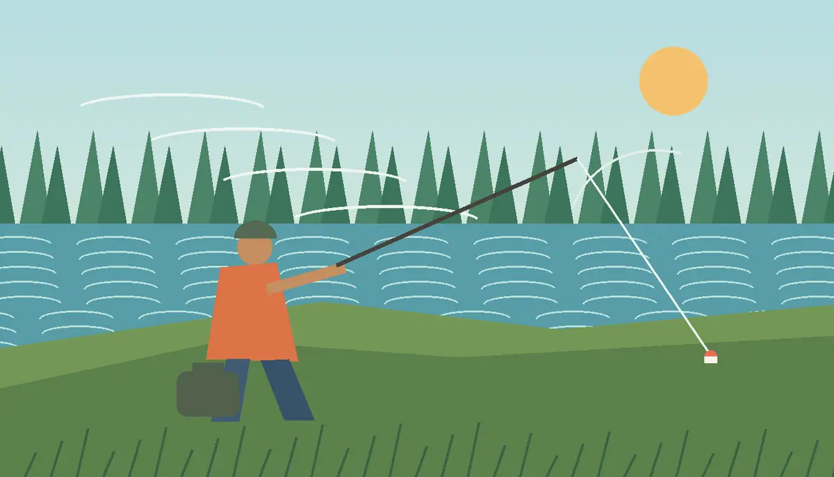 Beginner angler casting from a breezy freshwater bank with rippled water