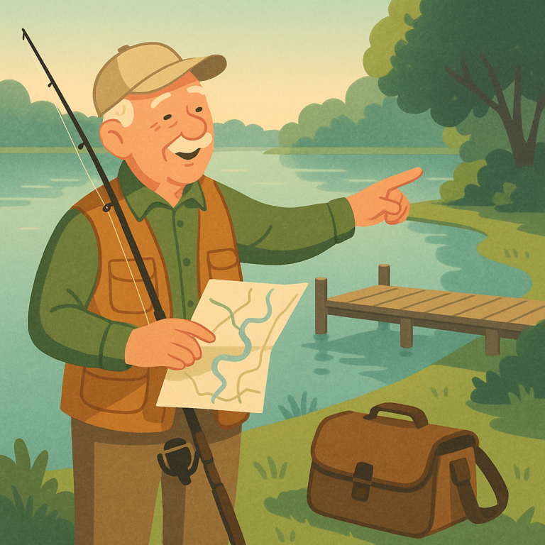 Senior angler choosing a comfortable freshwater fishing spot near a calm lake and dock