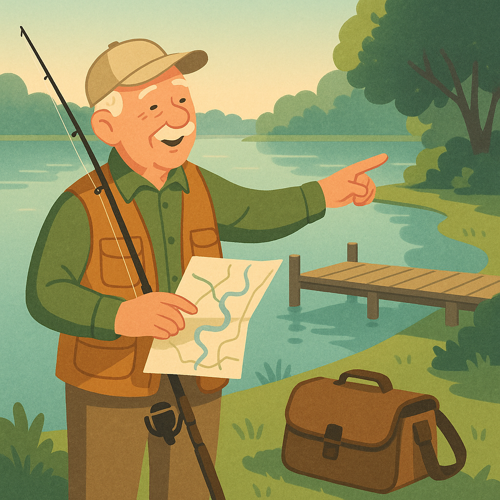 Senior angler choosing a comfortable freshwater fishing spot near a calm lake and dock