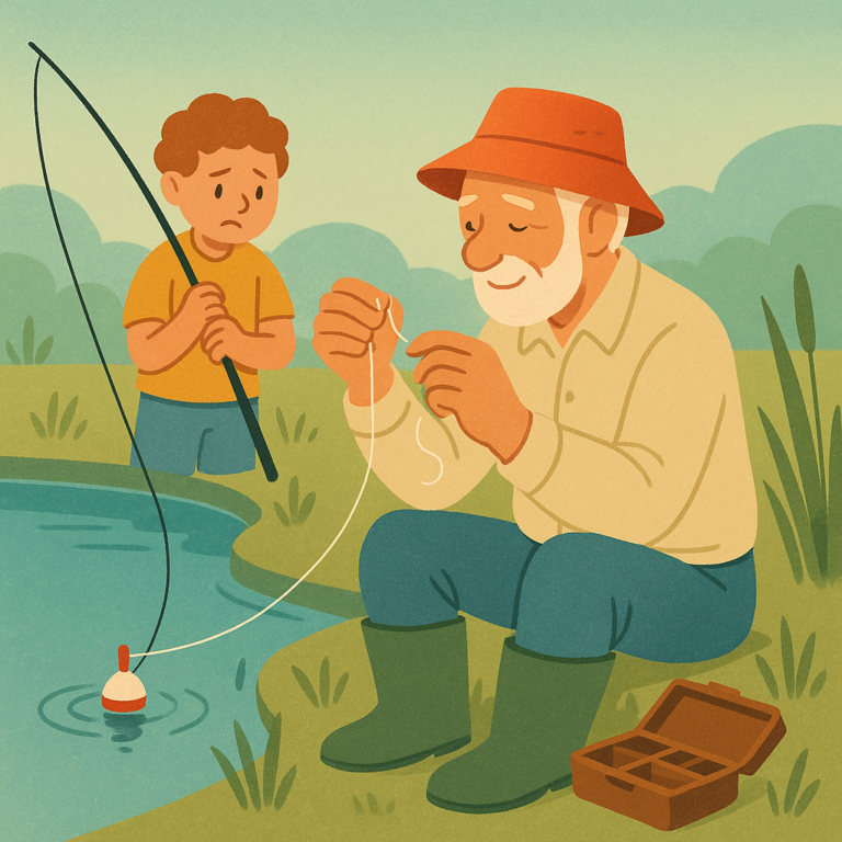 Senior beginner angler calmly checking a simple fishing rig beside a quiet freshwater pond