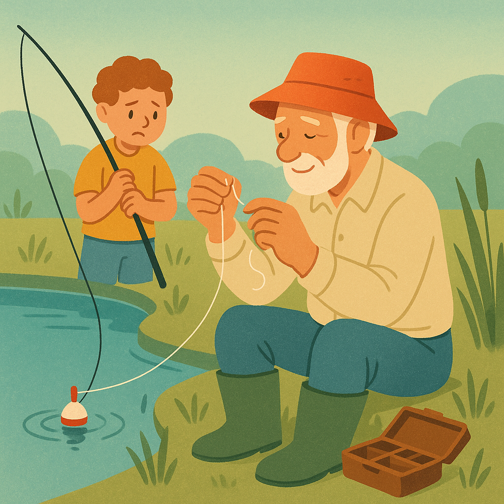 Senior beginner angler calmly checking a simple fishing rig beside a quiet freshwater pond