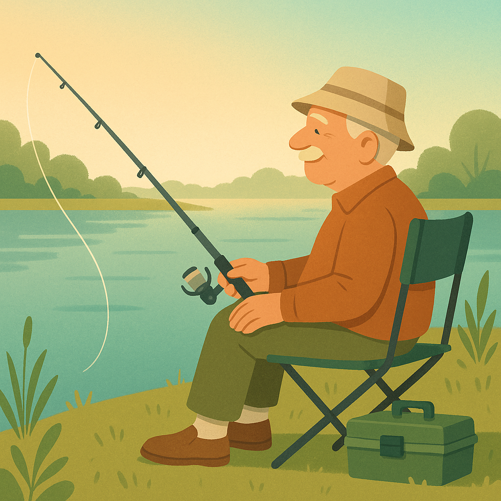 Retired beginner angler relaxing with simple fishing gear beside a calm freshwater lake