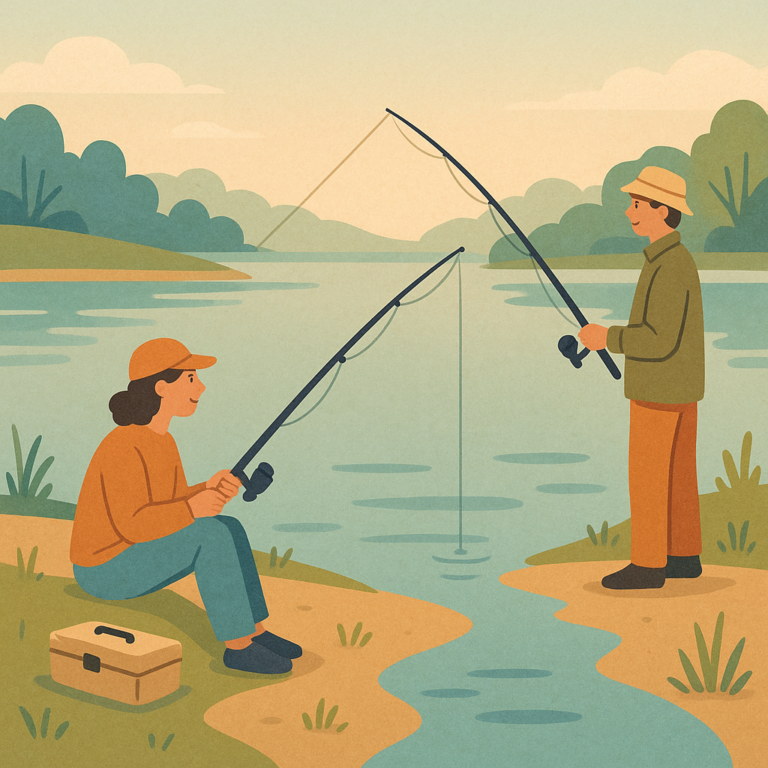 Beginner anglers practicing respectful fishing etiquette on a clean freshwater bank