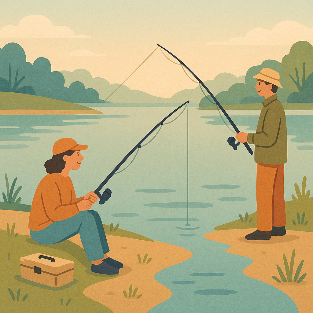 Beginner anglers practicing respectful fishing etiquette on a clean freshwater bank