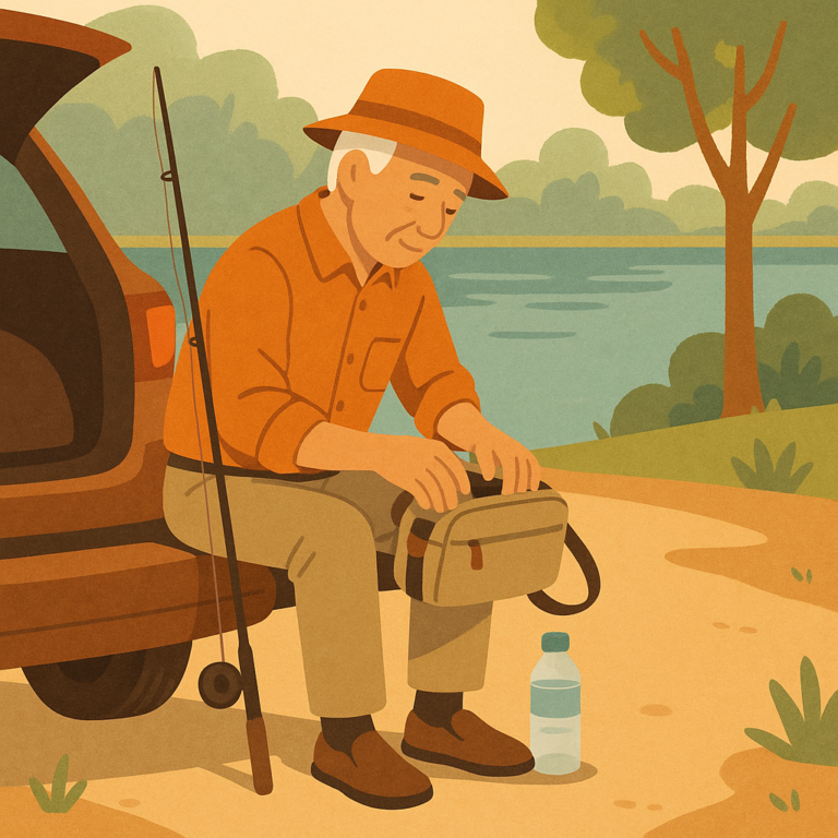 Beginner angler packing light gear for a relaxed half-day freshwater fishing trip