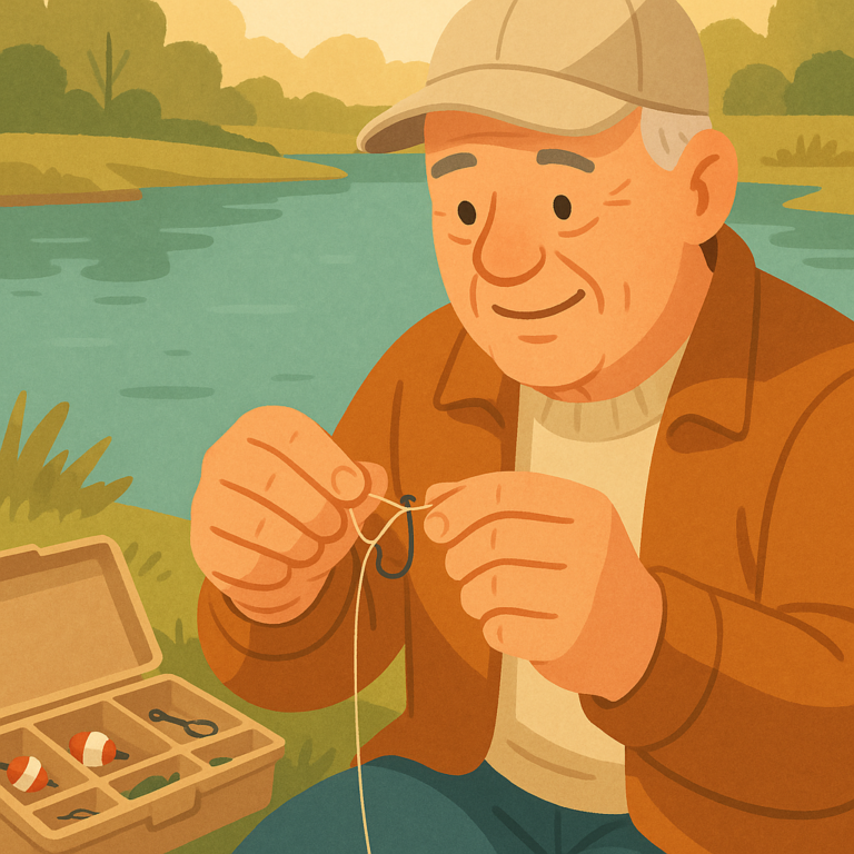 Older beginner angler practicing the improved clinch knot beside a calm freshwater lake