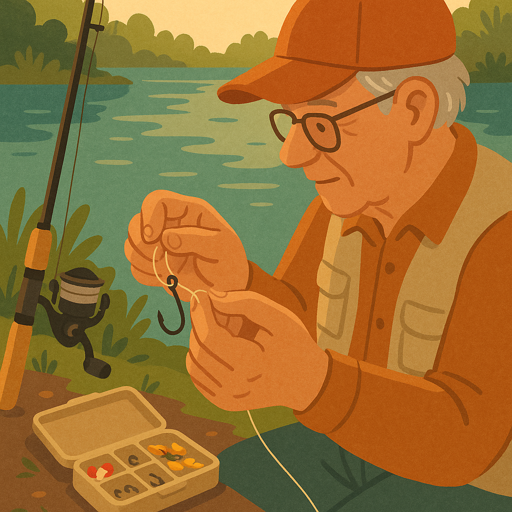Older beginner angler practicing the Palomar knot beside a calm freshwater lake
