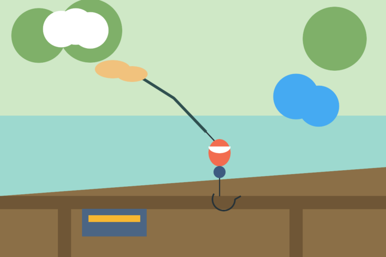 Beginner angler setting up a bobber rig with hook and split shot beside a calm pond