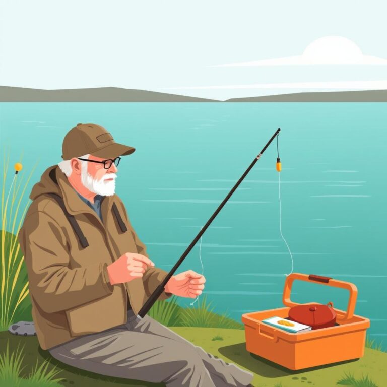 Beginner angler setting up a slip bobber rig beside a calm freshwater lake