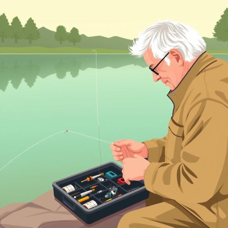 Beginner angler placing split shot weights on a fishing line beside a calm lake