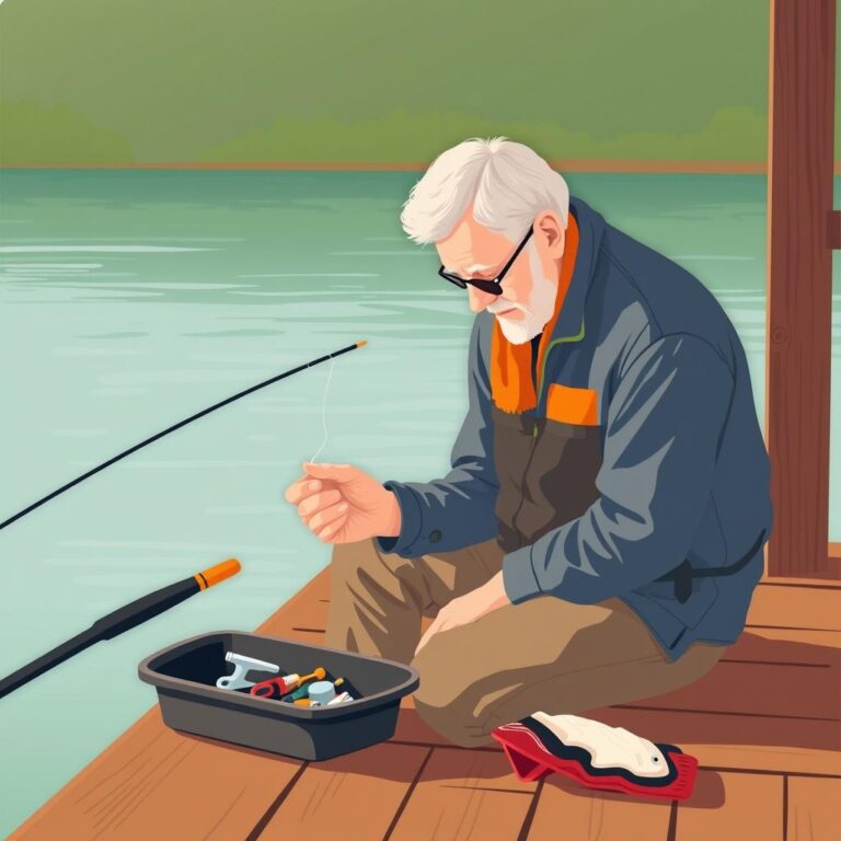 Beginner angler baiting a hook with a worm beside a calm freshwater dock