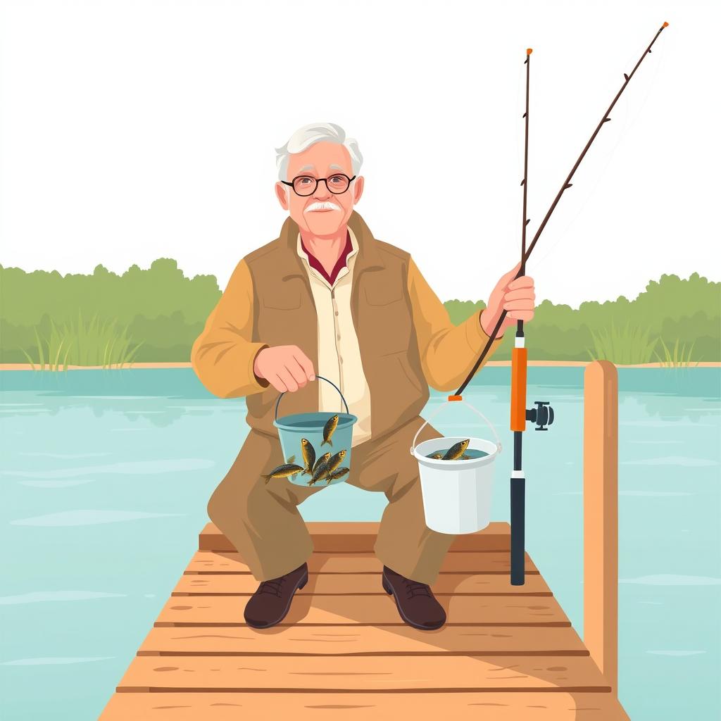 Beginner angler preparing minnows for freshwater fishing beside a calm dock