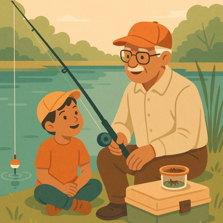 Beginner anglers preparing a cricket bait rig beside a calm freshwater pond