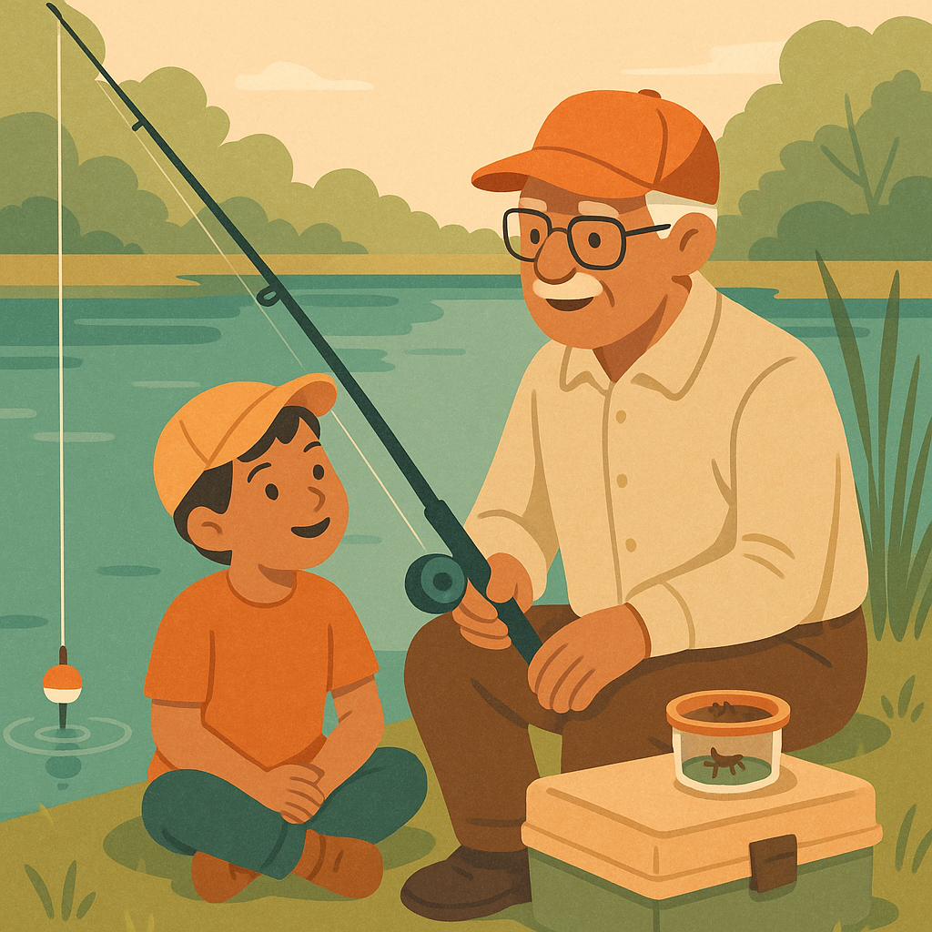 Beginner anglers preparing a cricket bait rig beside a calm freshwater pond
