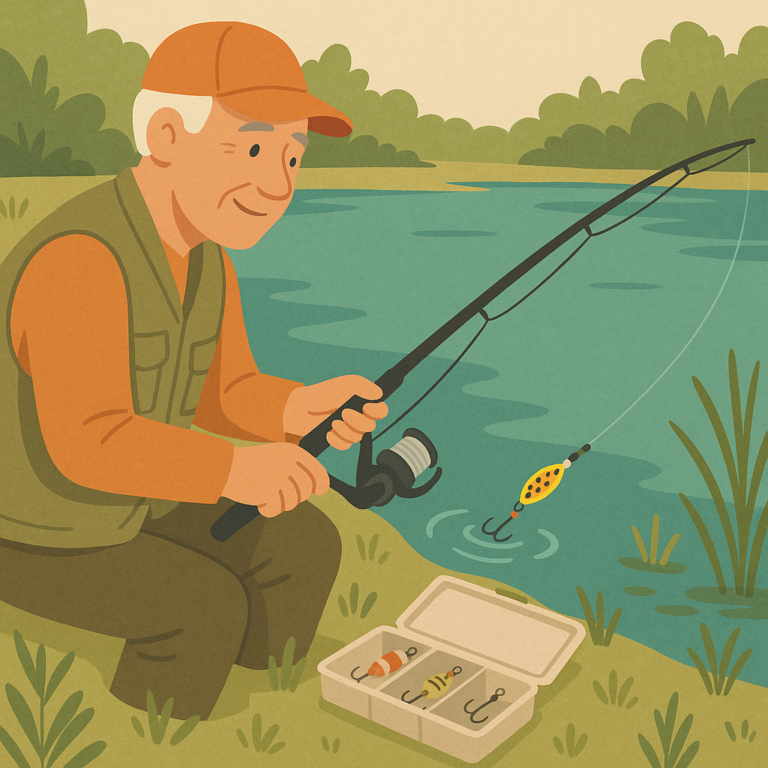 Beginner angler using a slow steady spinner retrieve beside a calm freshwater lake