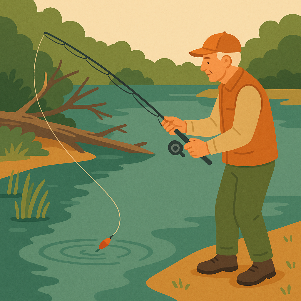 Beginner angler casting beside weeds and fallen wood to avoid fishing snags