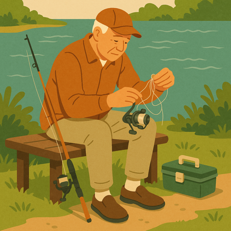 Beginner angler calmly untangling fishing line beside a freshwater lake