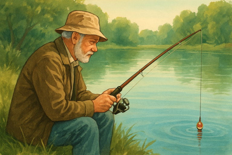 Beginner angler watching a rod tip and bobber for tiny bite signs at a calm lake