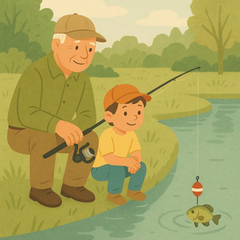 Beginner angler fishing for panfish from a calm pond bank with simple gear