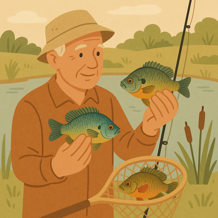 Beginner angler comparing a bluegill and another sunfish beside a calm pond
