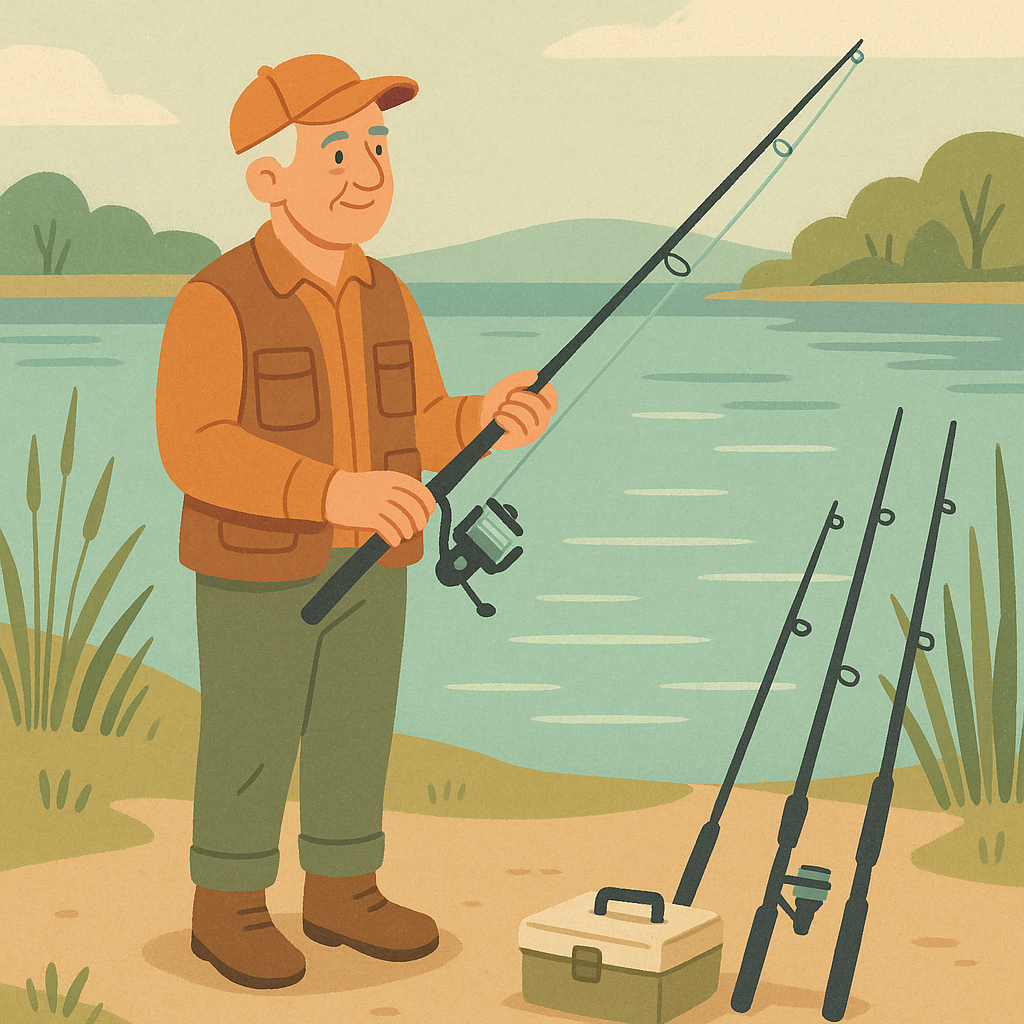Beginner angler comparing comfortable freshwater fishing rod lengths beside a calm lake