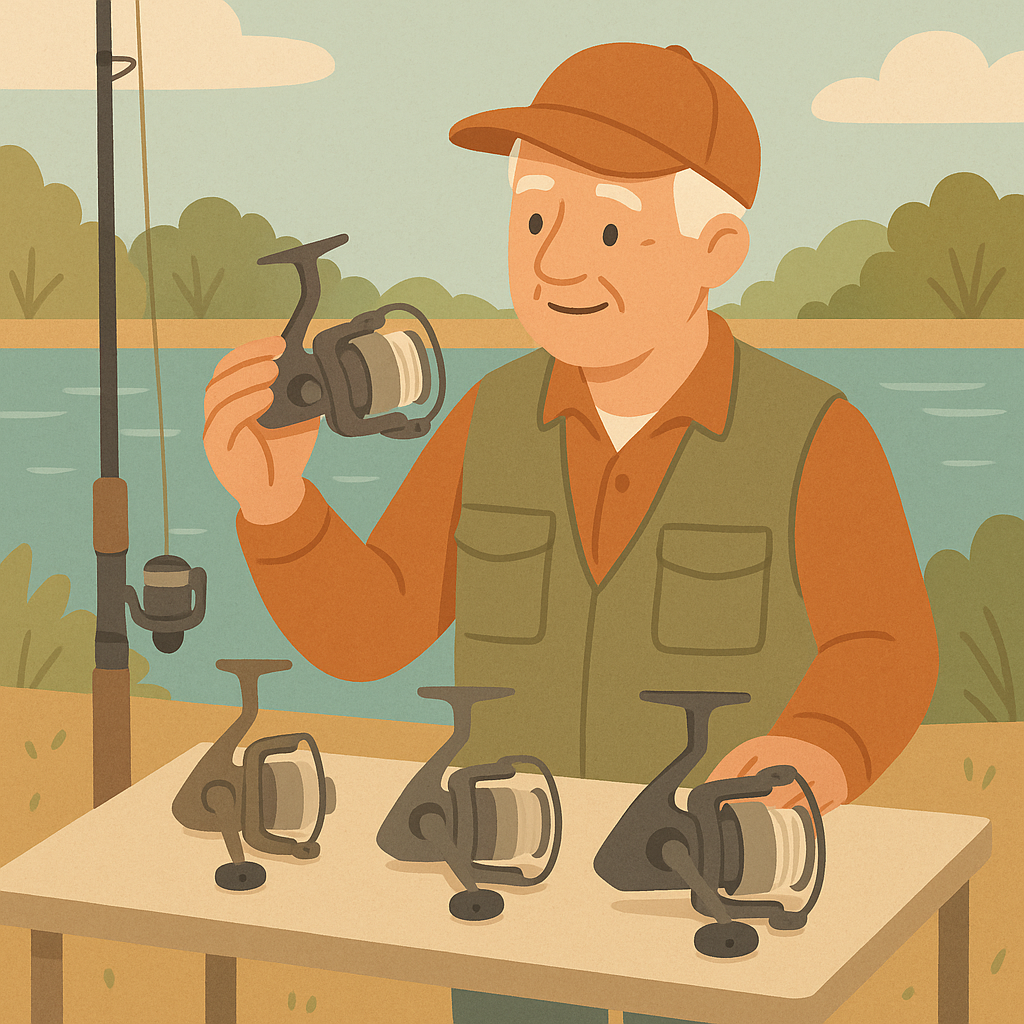 Beginner angler comparing small, medium, and larger spinning reels beside a calm freshwater lake