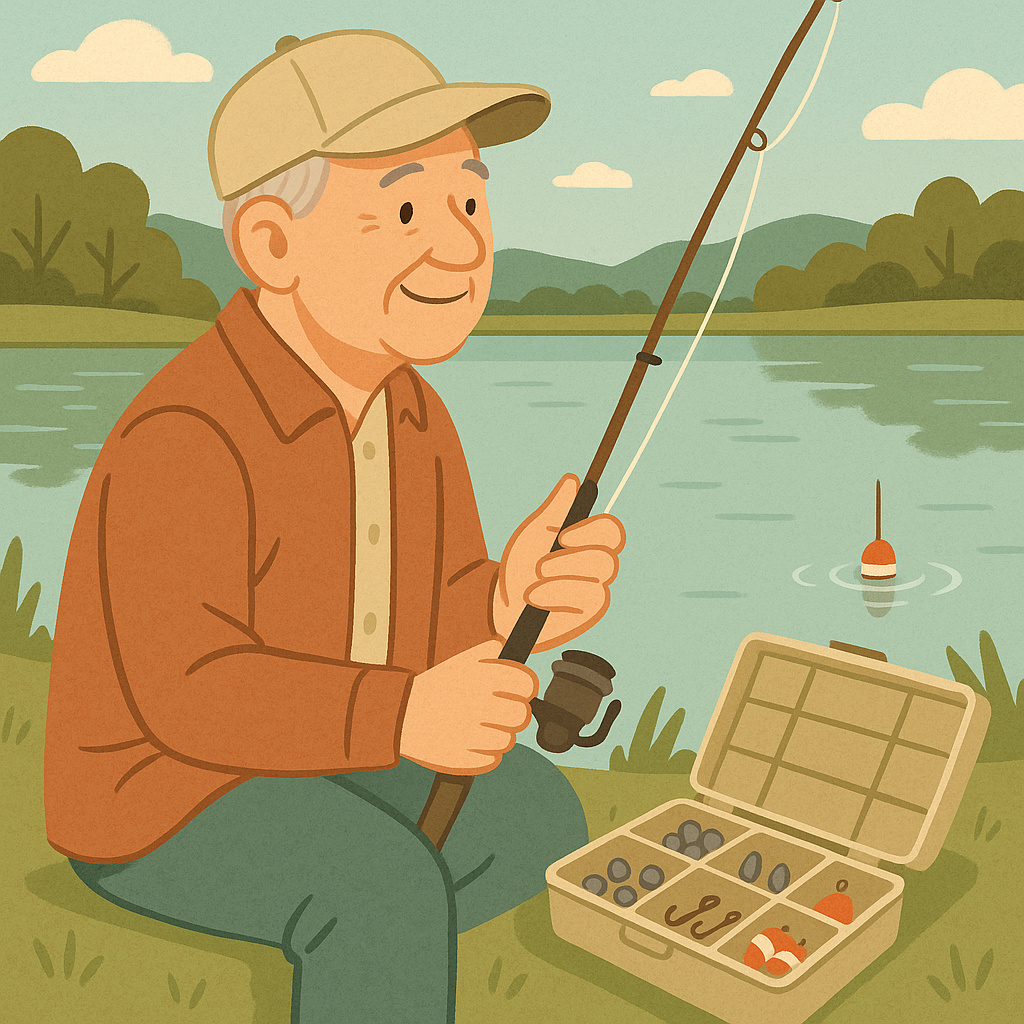 Beginner angler organizing simple fishing weights beside a calm freshwater lake