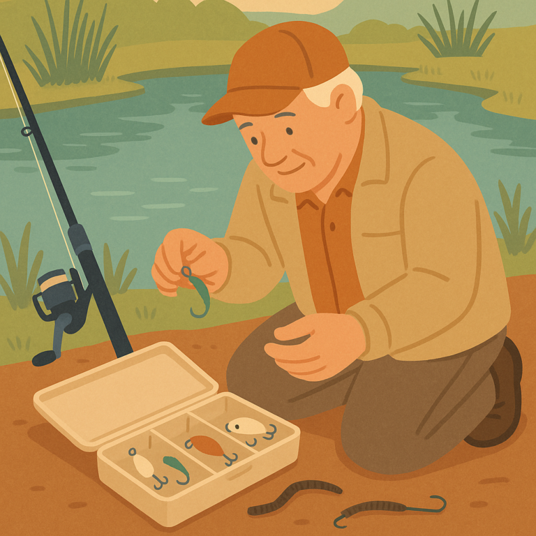 Beginner angler organizing five simple freshwater fishing lures beside a calm pond