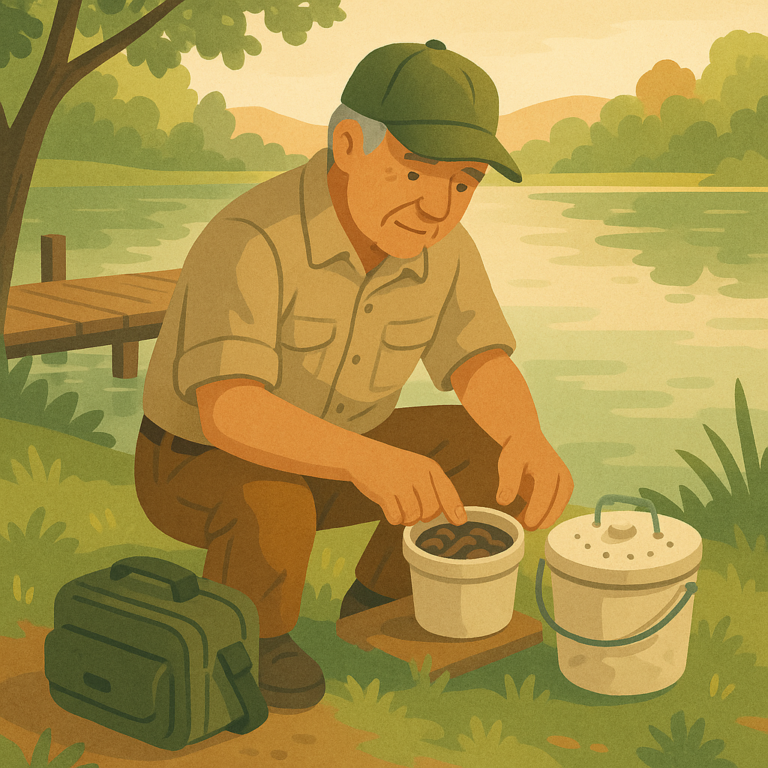 Older angler organizing worm and minnow bait containers beside a quiet freshwater lake