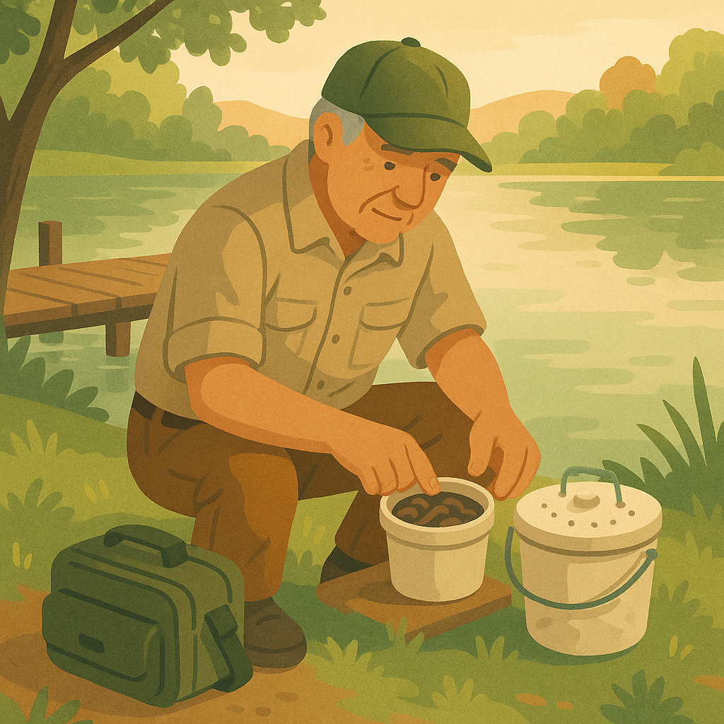 Older angler organizing worm and minnow bait containers beside a quiet freshwater lake
