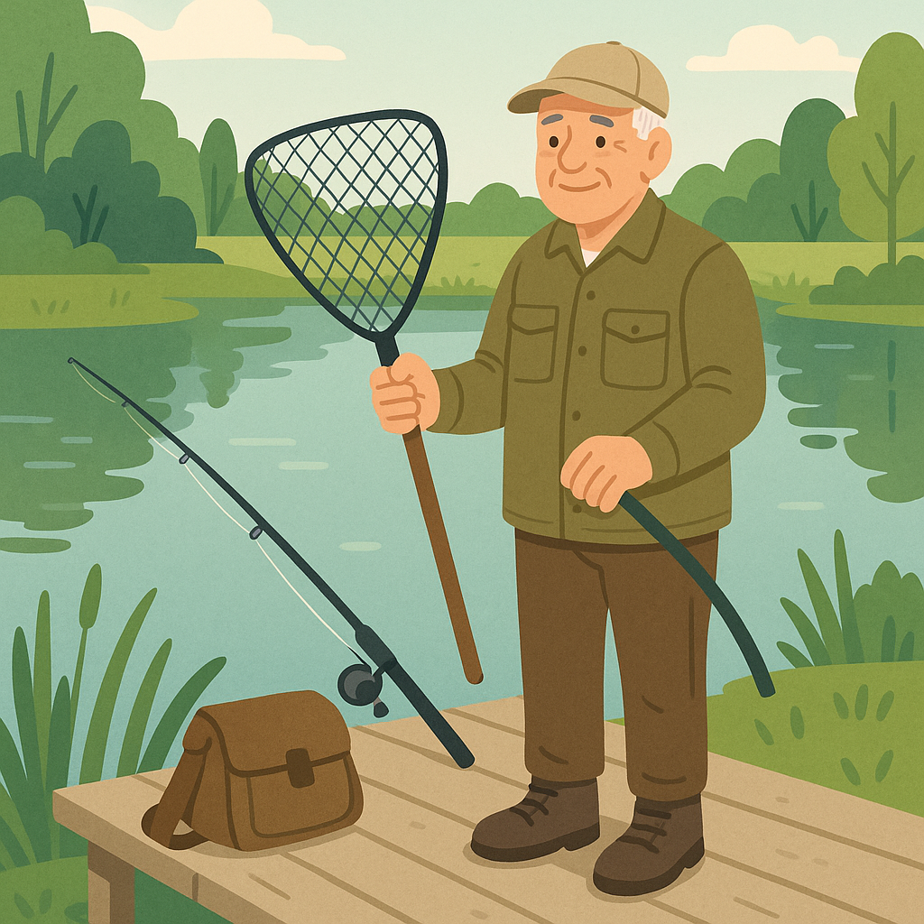 Older freshwater angler holding a medium landing net beside a calm dock