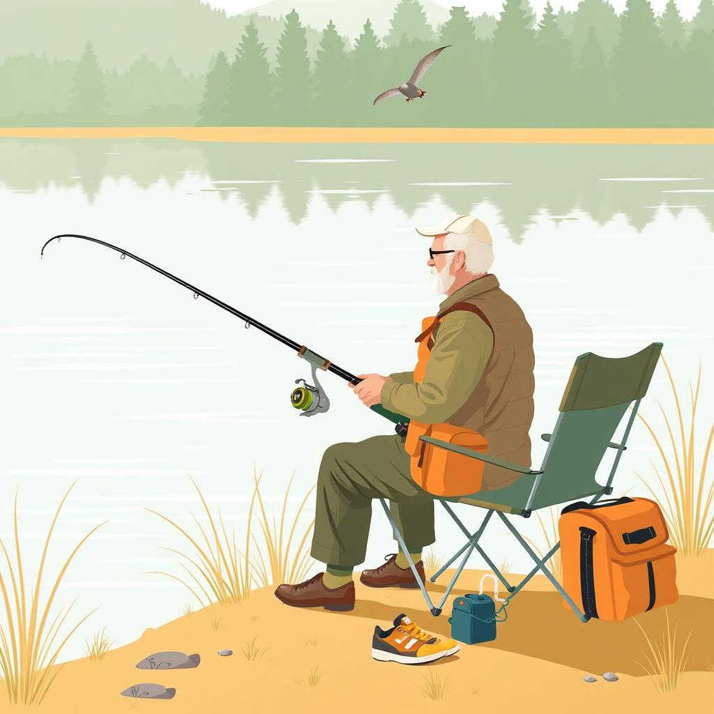 Older freshwater angler with lightweight fishing gear beside a calm lake