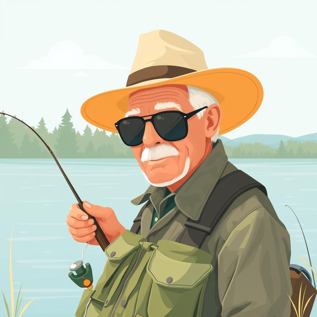 Older freshwater angler wearing sunglasses and a sun hat beside a calm lake