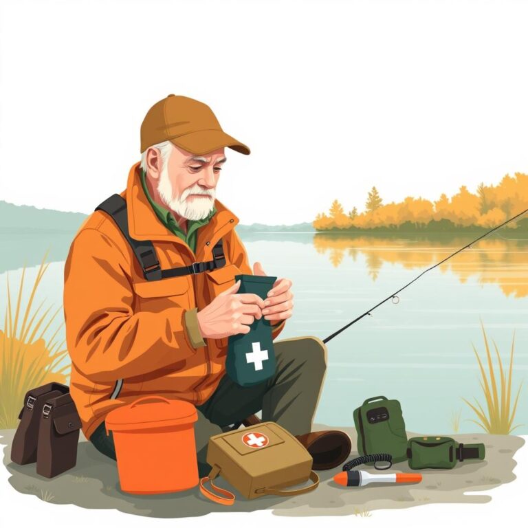 Older freshwater angler organizing a small first aid pouch beside a calm lake