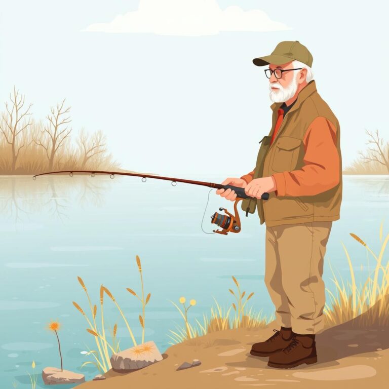 Older angler fishing slowly from a sunny early spring pond bank
