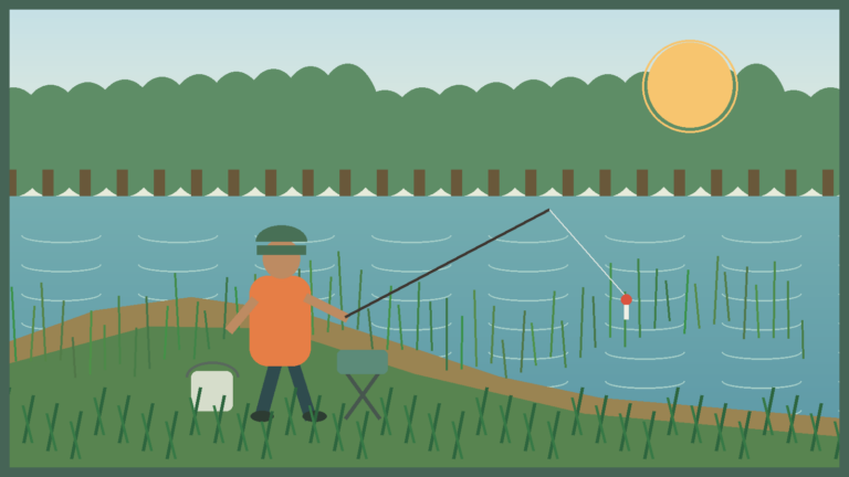 Older angler fishing from a late spring pond bank near shallow weeds