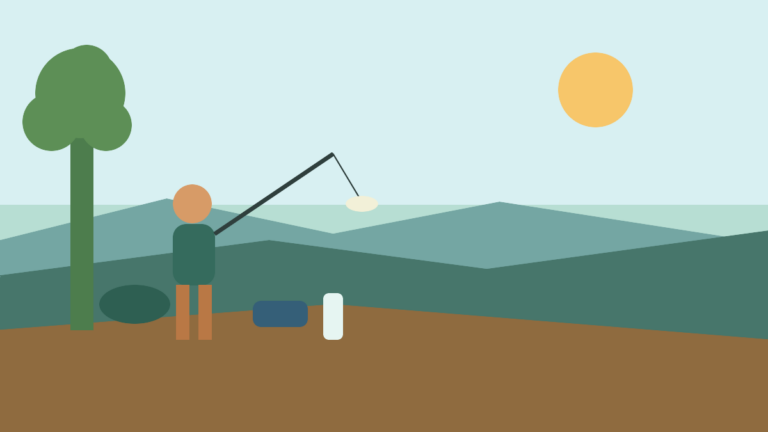 Older angler fishing from a shaded summer lake bank at sunrise
